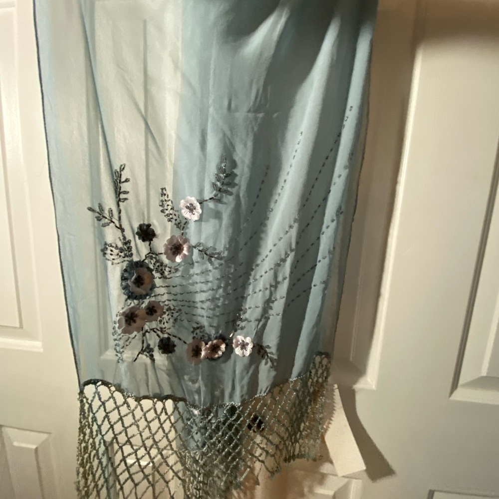 Sue Wong Pale Blue Embroidered Floral Scarf with Beaded Fringe - Picture 2 of 4